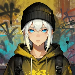 highly detailed portrait of a sewerpunk student, blue eyes, hoody, beanie hat, white hair by atey ghailan, by greg rutkowski, by greg tocchini, by james gilleard, by joe fenton, by kaethe butcher, gradient yellow, black, brown and cyan color scheme, grunge aesthetic!!! ( ( graffiti tag wall background ) )