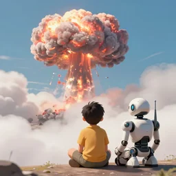 a boy and a robot sitting and looking a nuclear explosion smoke mushroom from far away, unreal engine