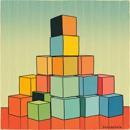 master color woodblock print, cubes heaping together