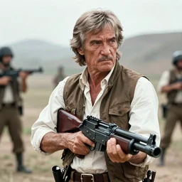 High quality screenshot of Stan Lee as Rambo (1995) with a minigun