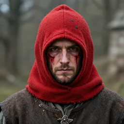 medieval man wearing a red potato sack over his head, bloody, looking at the camera