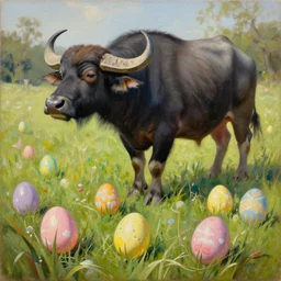 anthropomorphic buffalo hunting easter eggs, grass, yard, oil on canvas, intricate, 8 k highly professionally detailed, hdr, cgsociety