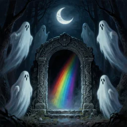 ghosts monsters. void portal ornately carved stone. tall dancing ghouls at midnight in the forest. at night. crescent moon night sky. thomas kinkade. digital painting. marc simonetti. dancing ghost ghoul. michael whelan. mysterious rainbow void glow. greg rutkowski. scary. creepy. artstation.