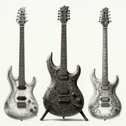 assembly drawings of a future punk guitar, fantasy concept art, hyper realistic illustration, photorealistic illustration, symmetrical complex fine detail, breathtaking composition, 8 k, sinister,