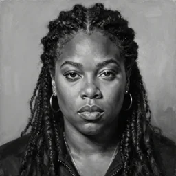 oil painting portrait of Donda West, black and white, dramatic