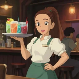 a wholesome animation key shot of ariana grande as a waitress carrying drinks in a crowded downtown bar, medium shot, waist up, studio ghibli, pixar and disney animation, sharp, rendered in unreal engine 5, anime key art by greg rutkowski, bloom, dramatic lighting