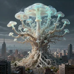 an analog organic theriomorphic holobiont eating a city, concept art, mycorrhiza, rhapsodizing, dancing mushroom, translucidluminescence, intricate, kim jung gi, james jean, shaun tan, analog detail, cinematic, epic wide shot, ultra detailed, sharp focus, smooth, physically rendering, photorealistic, 8 k