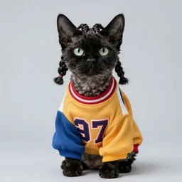 high quality photograph of a black furred devon rex purebred cat with cornrows and wearing extremely baggy 9 0 s hip hop clothing