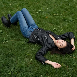 young girl lies on a meadow, she wears leather jacket, jeans and black boots, intricate, sharp focus, photo taken by nikon, 4 k, studio lightning