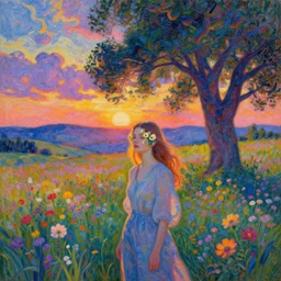 girl with blooming face, surreal photography, dream, standing in flower field, hills, big trees, sunrise dramatic light, impressionist painting, colorful clouds, digital painting, pointillism, artstation, simon stalenhag