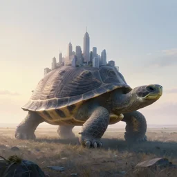 a giant turtle with a city built in to it's shell, wandering the empty plains at dawn, ethereal fantasy art by greg rutkowski