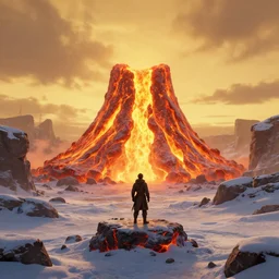 a lava man on a winter biome, heatwave, golden hours, fantasy, golden ratio, hyper realism, behance, artstation, unreal engine 5, octane, deviantart