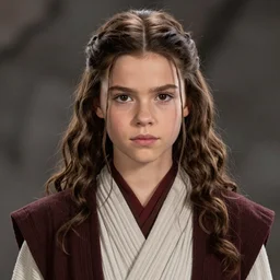 star wars portrait of a woman by greg rutkowski, jedi princess, brunette wavy hair with two strands around her face, pretty, wearing a the jedi robes, she is about 2 0 years old, detailed portrait, sharp foccus, artstation hq.