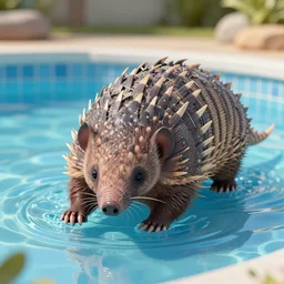 a portrait of a very relaxed armadillo inside the swimming pool, fantasy style, octan render, ultra realistic