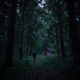 A giant man walking through a forest at night, small shack in the distance, long shot angle
