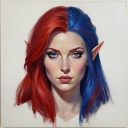 A detailed matte oil on canvas head on symmetrical portrait of a distinguished elven woman with red  and blue hair (((((makeup))))) by Charlie bowater and lise deharme wlop, trending on artstationhd,  dungeons and dragons art, critical role, split hair dye, half and half dye, two tone dye, two tone hair style,  split color