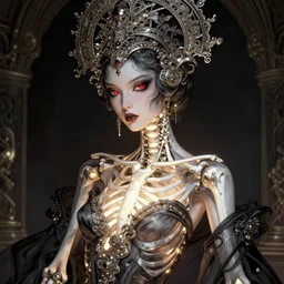 portrait of an absurdly beautiful, graceful, sophisticated, fashionable futuristic female skeleton with sections of skin showing, glowing internal light, hyperdetailed illustration by irakli nadar and alexandre ferra, intricate linework, faberge, intricate chrome headdress, dark atmosphere, glowing red eyes, unreal engine 5 highly rendered, global illumination, radiant light, detailed and intricate environment