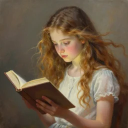 An incredible fantastical painting of a girl reading book, hair flowing down  | by Greg Rutkowski and Greg Staples with James Gurney | hyperrealism artwork beautiful detailed painting | trending on Artstation