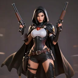 female reaper from overwatch wearing black cape and holding two shotgun, cinematic lighting, realistic, digital art, render