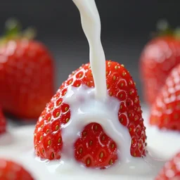 a close up photo of milk pouring over a strawberry, macro, highly detailed, blurred background, studio lighting