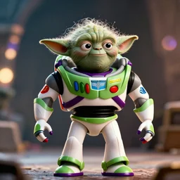 yoda as buzz lightyear, splash art, movie still, cinematic lighting, dramatic, octane render, long lens, shallow depth of field, bokeh, anamorphic lens flare, 8 k, hyper detailed, 3 5 mm film grain