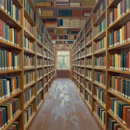 Infinite tunnel made of bookshelfs, beatiful oil painting,