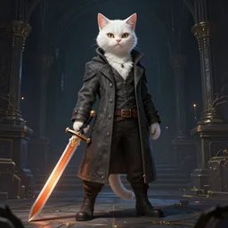 an anthropomorphic white - furred cat weared as a badass hack'n - slash game character, overcoat, standing with an orange sword in hand, in dark fantasy dungeon, vaporwave, highly detailed, digital painting, artstation, concept art, smooth, sharp focus, illustration, art by rossdraws and artgerm and greg rutkowski and alphonse mucha and marc simonetti