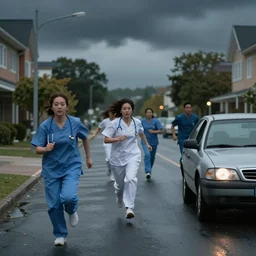 nursing home clients running down the street find a car and start to drive. shallow depth of field. very dark and stormy