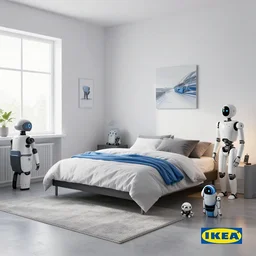 IKEA catalogue photo, cyberpunk teenager bedroom, robots, by Beksiński