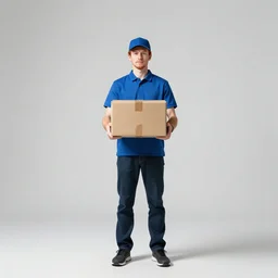 red-haired delivery courier with package, studio photography, full body, standing, isolated on a pure white background, centered, whole figure in frame, sharp focus, studio lighting