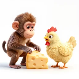 a monkey and a chicken are fighting over a piece of cheese