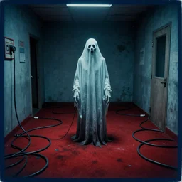 Creepy pale ghost surrounded by cables in dirty motel room, red devil carpet | cyanotype 70's scratched photo | Aesthetics of Silent Hill 3 game