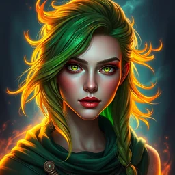 portrait of beautiful woman with flaming green hair, maya ali mage, gloomhaven, dynamic lighting, gaudy colors, octane render aesthetic, matte painting concept art, official fanart behance hd artstation by jesper ejsing, by rhads and makoto shinkai and lois van baarle and ilya kuvshinov and rossdraws