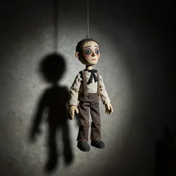 a marionette puppet hanging limp in a dim room, by wayne barlow, highly detailed, horror themed, stark light and shadows