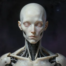 surreal portrait of a man by Greg Rutkowski and H.R Giger, cyborg of indeterminate age, symmetrical, bald, haunting and artificial appearance, pale as marble, biomechanical and intricate, empty and uncany expression, cosmic void background, frightening, fascinating, highly detailed portrait, digital painting, book cover, artstation, concept art, smooth, sharp foccus ilustration, Artstation HQ.