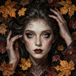 beautiful stella maeve magician, in the style of peter mohrbacher, artgerm, realistic character concept, bird's eye overhead shot, elegant pose, spooky, illustration, symmetrical face and body, volumetric lighting, detailed realistic symmetrical eyes, 8 k, single face, insanely detailed and intricate elegant, autumn leaves