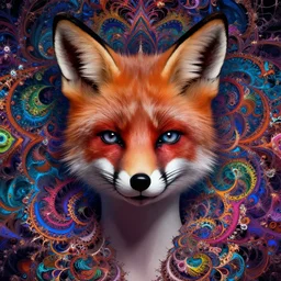 lsd, acid trip, intricate fractals, a detailed portrait of a beautiful woman with ( fox ) features, in professional makeup, dramatic lighting, by lois van baarle, ross tran, greg rutkowski, background of ultra detailed colorful repeating fractals psychedelic by moebius, beeple, artstation
