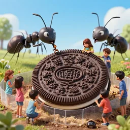 kids feasting a giant oreo like they were in an ant farm and the kids were like ants because they were star - sized, photorealistic picture