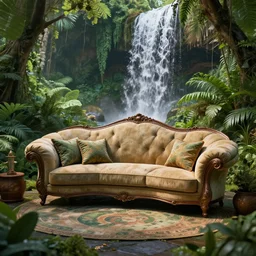 jungle waterfall comfy luxury garden sofa lightroom surreal weta digital octane render photography weta digital vintage