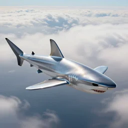 air shark flying in the sky, metallic, shiny, chrome, clouds
