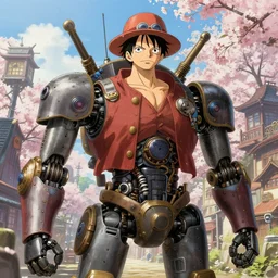a full body portrait of a confident mechanic luffy atop a steampunk robot, city with sakuras, studio lighting delicate features finely detailed perfect art, at an ancient city, gapmoe yandere grimdark, trending on pixiv fanbox, painted by greg rutkowski makoto shinkai takashi takeuchi studio ghibli