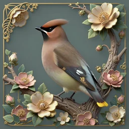unreal engine rendering of ethereal bohemian waxwing bird, bombycilla garrulus, intricate details, ornate, detailed, johanna rupprecht, william morris, trending on artstation, a bird sitting on top of a tree filled with flowers, by marco mazzoni, featured on cgsociety, rococo, whimsical, artstation