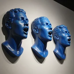 3 d human heads mounted on a wall singing soul music to each other, pearlescent blue, octane smooth masterpiece, highly detailed dino valls wayne barlowe machiej kuciara, dramatic lighting, medium shot, low angle, uhd 8 k, sharp focus