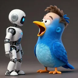 Elon Musk as a blue bird screaming at a robot