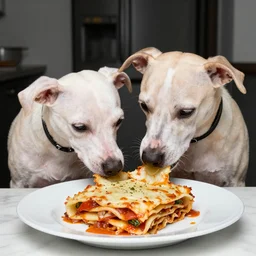 bald dogs eating lasagna