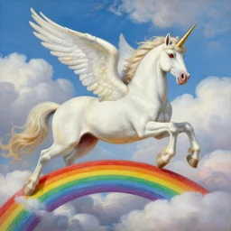 winged unicorn with red eyes galloping on a rainbow bridge by leonardo davinci, white clouds in the background, oil painting, high detail, vibrant colors, high quality,