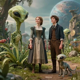 detailed, sharp, a girl and a boy standing next to some alien plants, looking happy, wearing 1850s era clothes, their small pet alien creature is standing nearby, in a park on an alien planet, steampunk, extremely highly detailed, hyperrealistic, film still from a sci fi movie, 8k, HD, good lighting