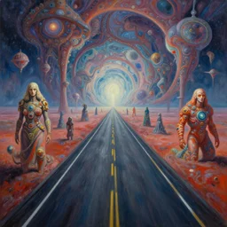 cinematic view of a lsd hyperspace highway stretching across dimensions infinitely, dmt, desaturated, psychedelic, tim hildebrandt, wayne barlowe, bruce pennington, donato giancola, larry elmore, oil on canvas, masterpiece, trending on artstation, featured on pixiv, cinematic composition, dramatic, beautiful lighting, sharp, details, hyper - detailed, hd, hdr, 4 k, 8 k
