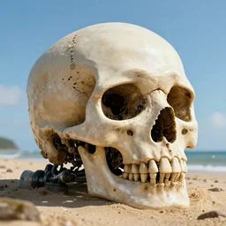 a giant robotic skull found on a beach, greg rutkowski, hyperdetailed, hyperrealistic, 4 k, deviantart, artstation, professional photography, concept art, art by notchalla