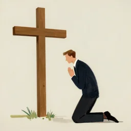 man kneeling on the ground in front of a wooden cross, 1960’s minimalist advertising illustration, painterly, expressive brush strokes